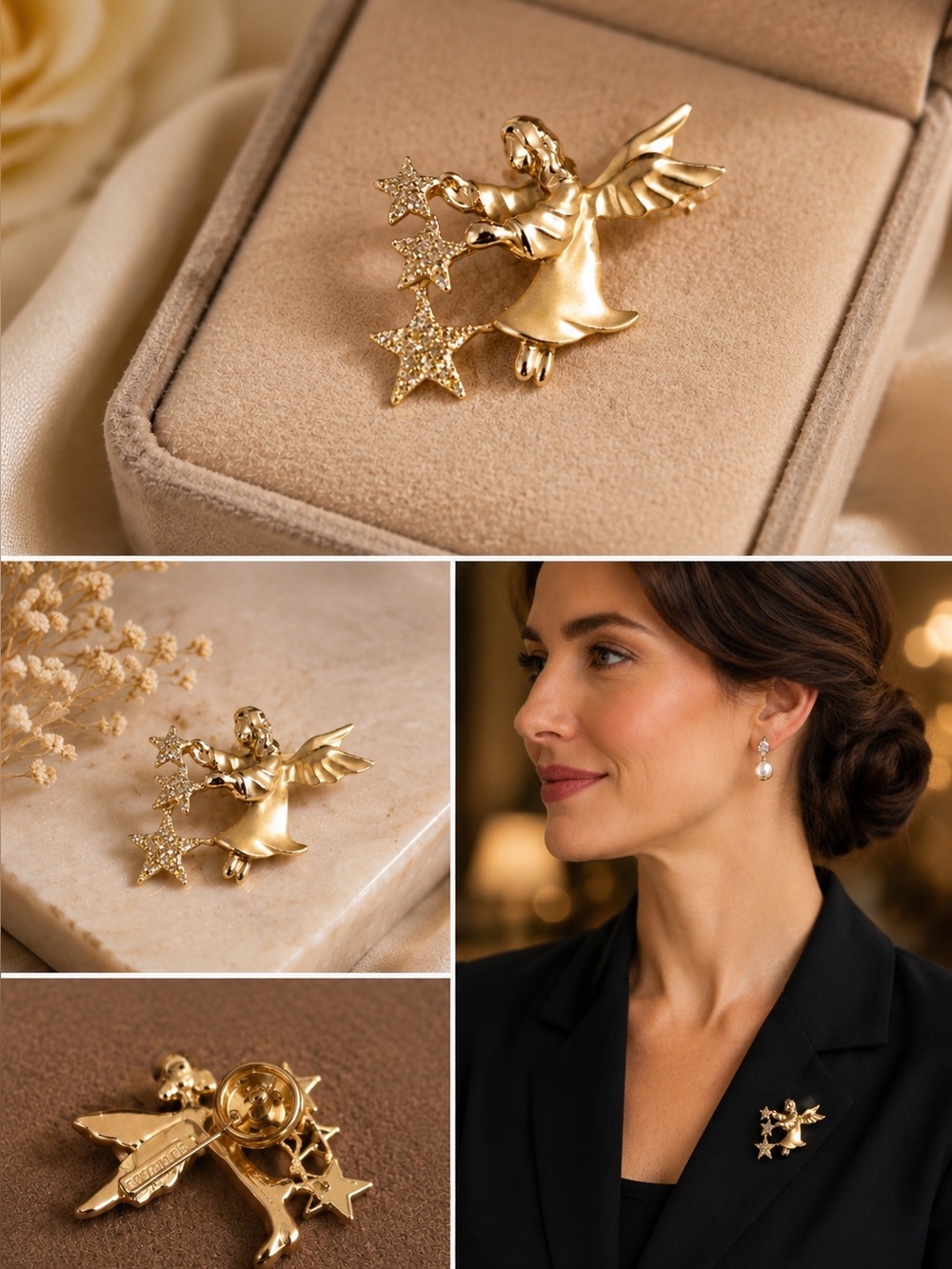 Gold Tone Angel Brooch Pin | Celestial Guardian with Crystal Stars